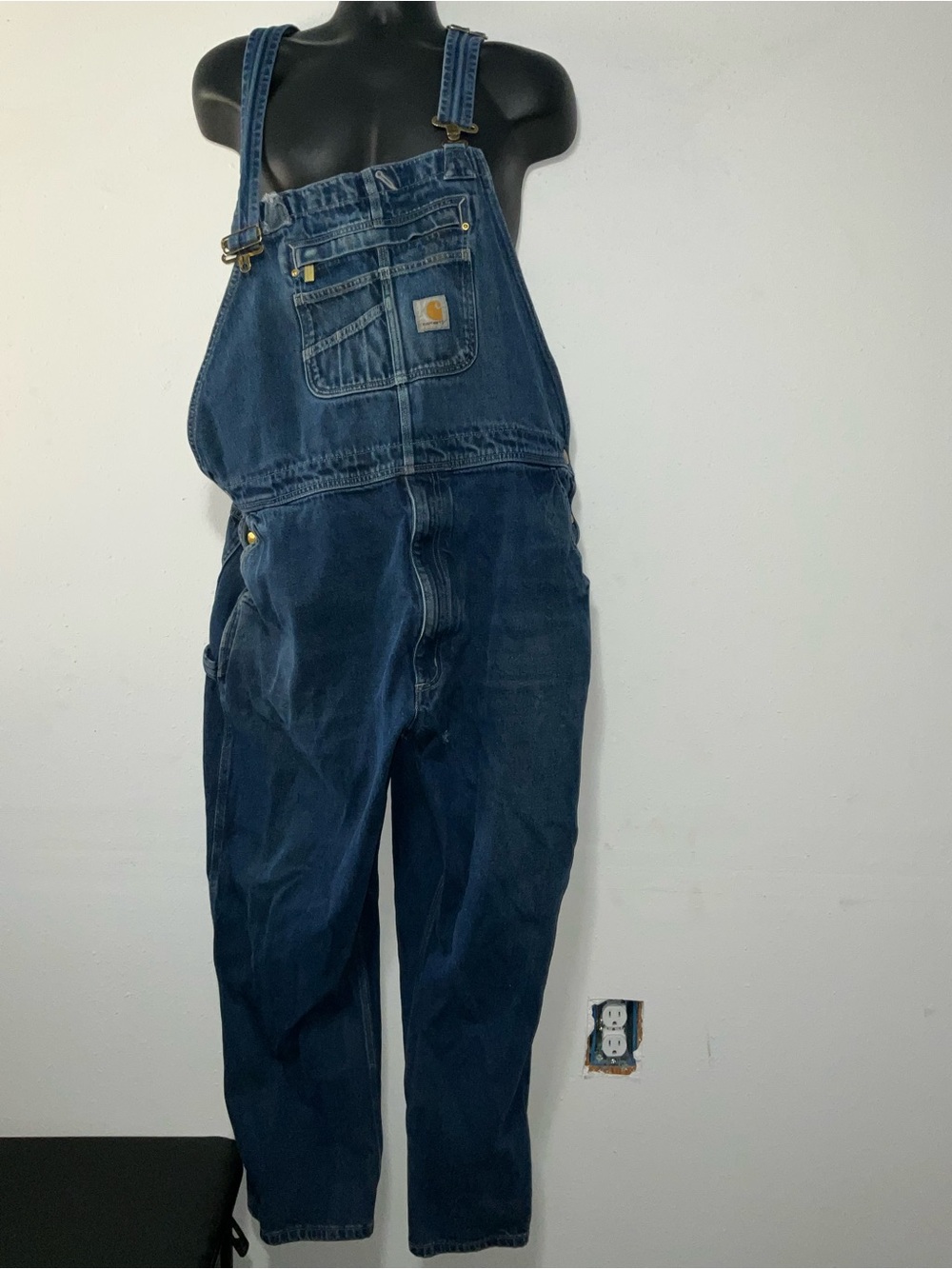 Carhartt Loose Fit Denim Bib Overalls 44x30 Blue Workwear Distressed Flaw